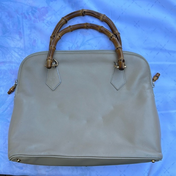 VINTAGE GUCCI 90’s Bamboo Hand Bag Leather 2way Beige Gold - Picture 1 of 11